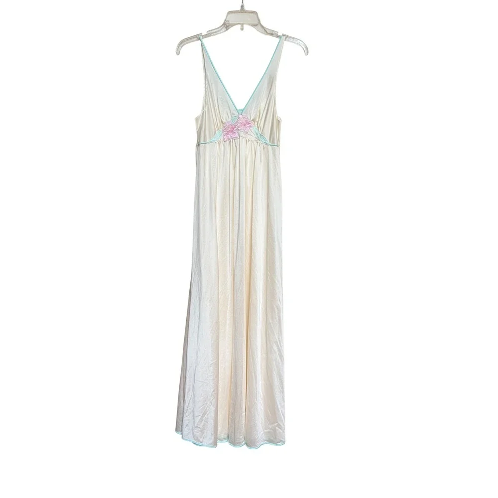 Lorraine Vintage Peignoir Set Ivory Pink Floral Embroidery Robe Gown Small USA